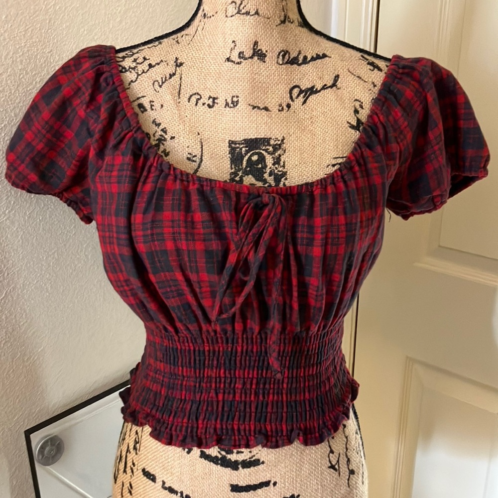 F21 forever 21 plaid flannel crop cropped top cinched waist off shoulder large L